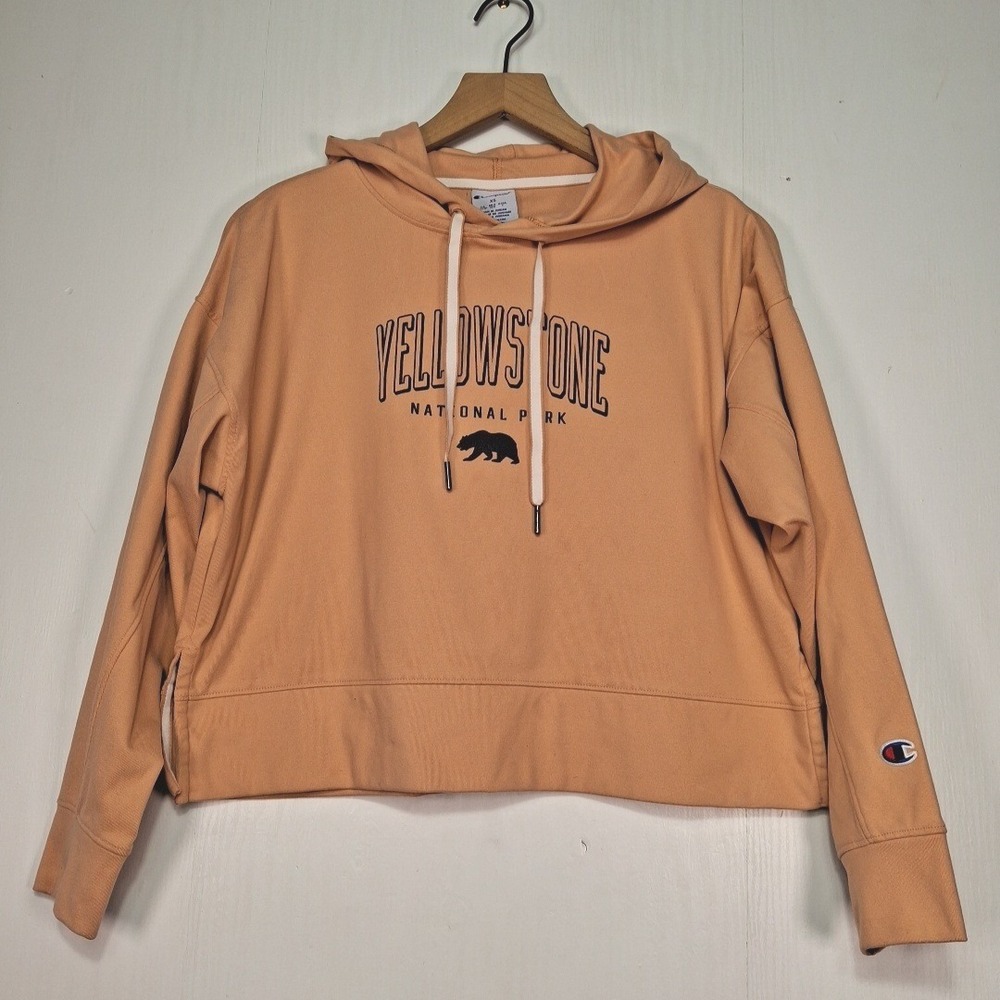 Champion Yellowstone National Park Cropped Hoodie Size XS Orange Bear Graphic